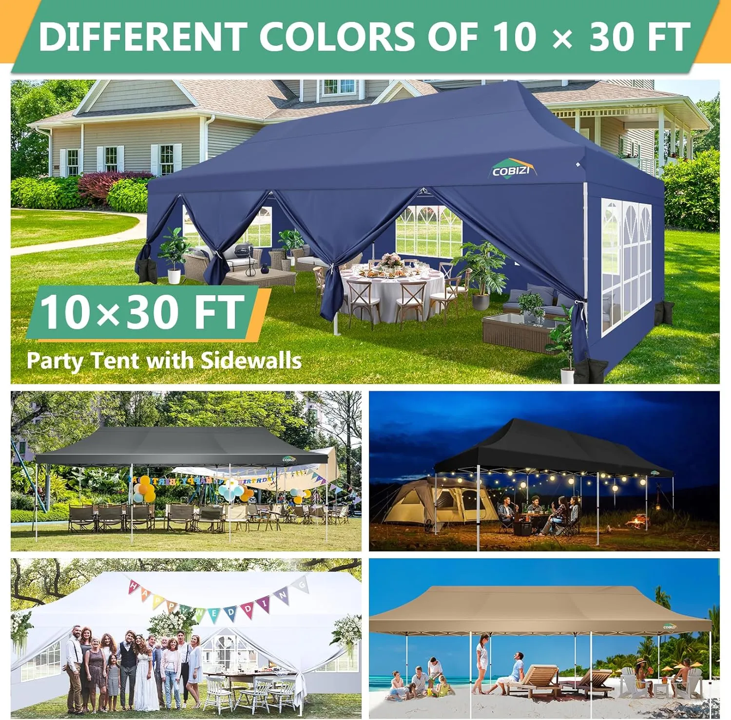 COBIZI 10x30 Pop Up Canopy Tent with 8 Removable Sidewalls, Easy Setup Canopy with Roller Bag & Sandbags，Waterproof and UPF50  Gazebo Tent, Outdoor Gazebo for BBQ Party Wedding Events Tent, Grey