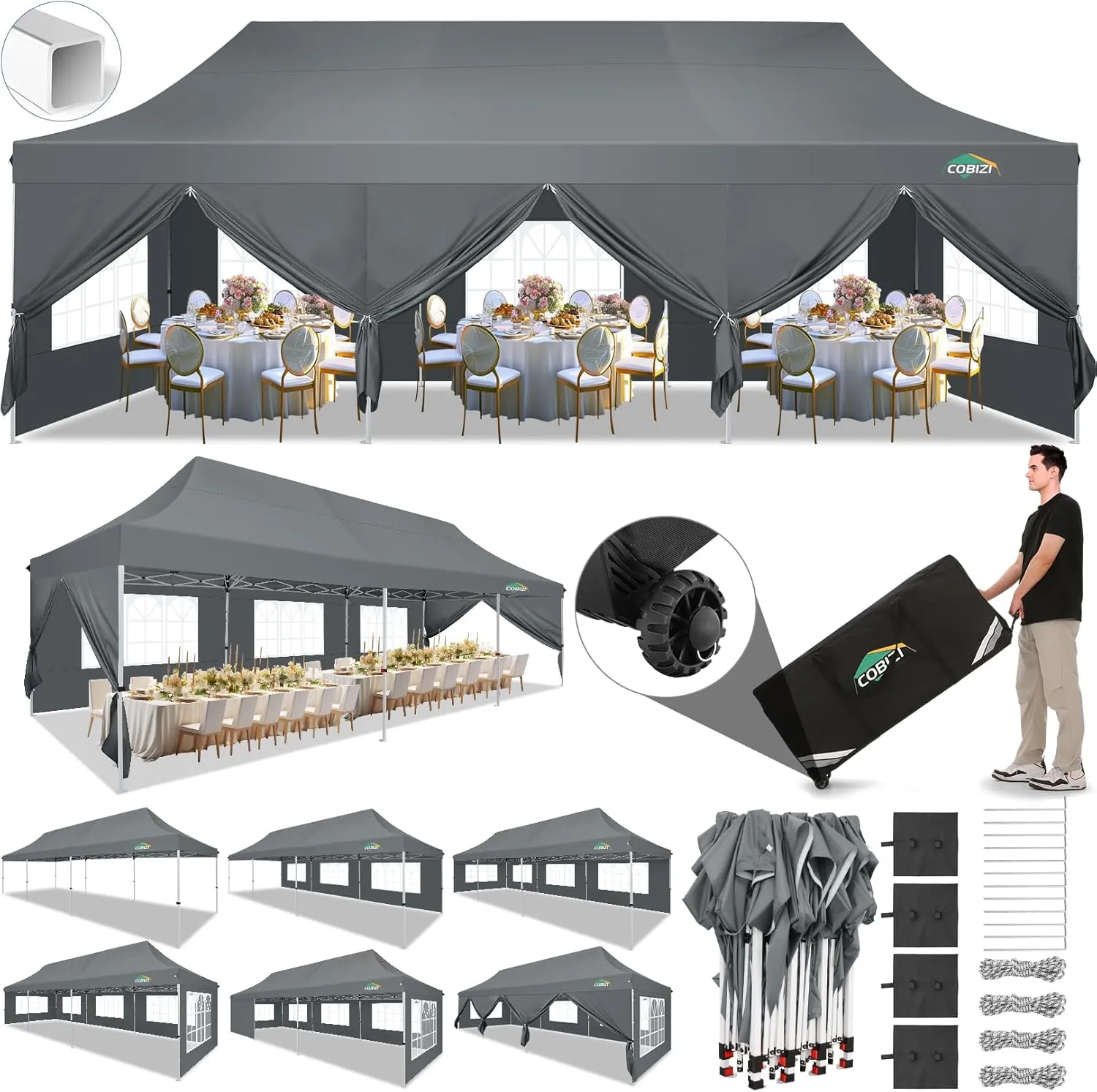 COBIZI 10x30 Pop Up Canopy Tent with 8 Removable Sidewalls, Easy Setup Canopy with Roller Bag & Sandbags，Waterproof and UPF50  Gazebo Tent, Outdoor Gazebo for BBQ Party Wedding Events Tent, Grey