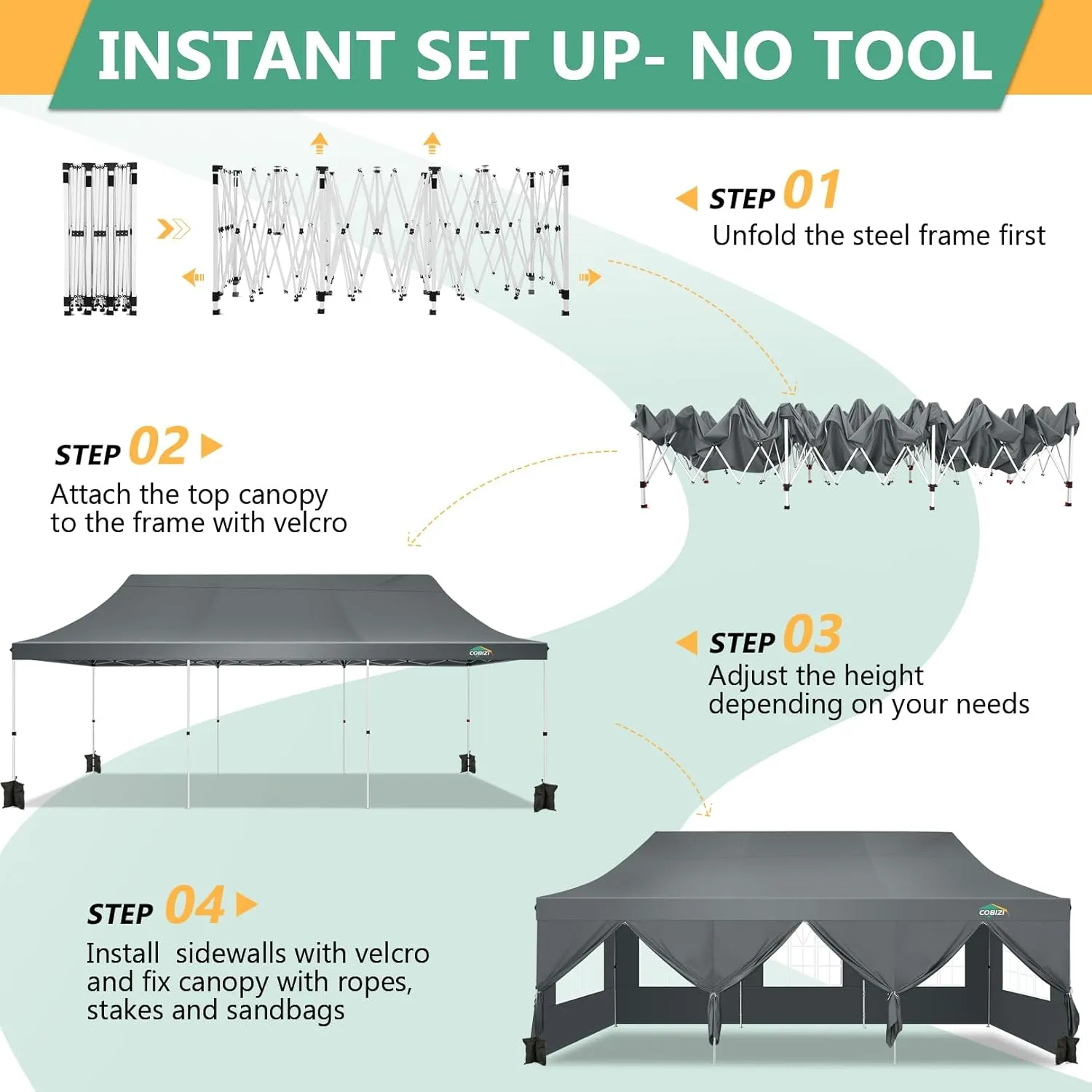COBIZI 10x30 Pop Up Canopy Tent with 8 Removable Sidewalls, Easy Setup Canopy with Roller Bag & Sandbags，Waterproof and UPF50  Gazebo Tent, Outdoor Gazebo for BBQ Party Wedding Events Tent, Grey