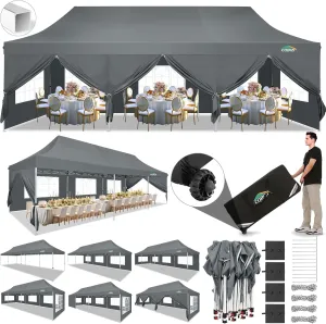 COBIZI 10x30 Pop Up Canopy Tent with 8 Removable Sidewalls, Easy Setup Canopy with Roller Bag & Sandbags，Waterproof and UPF50  Gazebo Tent, Outdoor Gazebo for BBQ Party Wedding Events Tent, Grey
