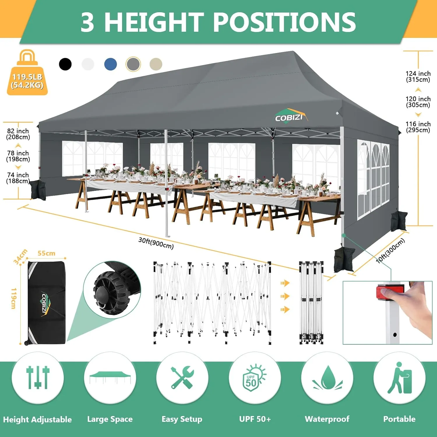 COBIZI 10x30 Pop Up Canopy Tent with 8 Removable Sidewalls, Easy Setup Canopy with Roller Bag & Sandbags，Waterproof and UPF50  Gazebo Tent, Outdoor Gazebo for BBQ Party Wedding Events Tent, Grey