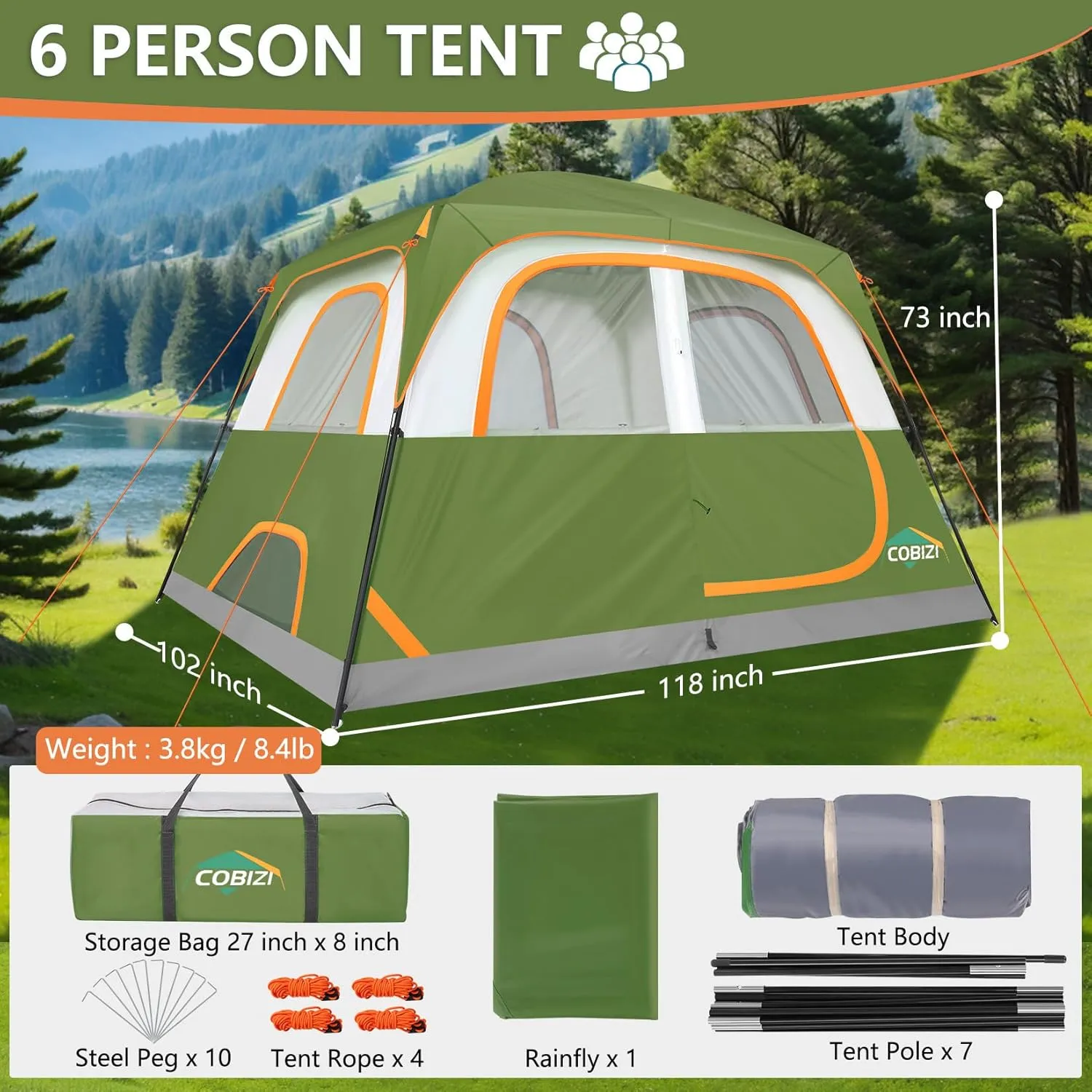 COBIZI 4/6 Person Tent for Camping Waterproof PU-Coated with Removable Rainfly, Easy Setup Family Tent with Large Mesh Windows, 3 Season Portable Dome Tent for Outdoor, Scouts, Hiking & Traveling