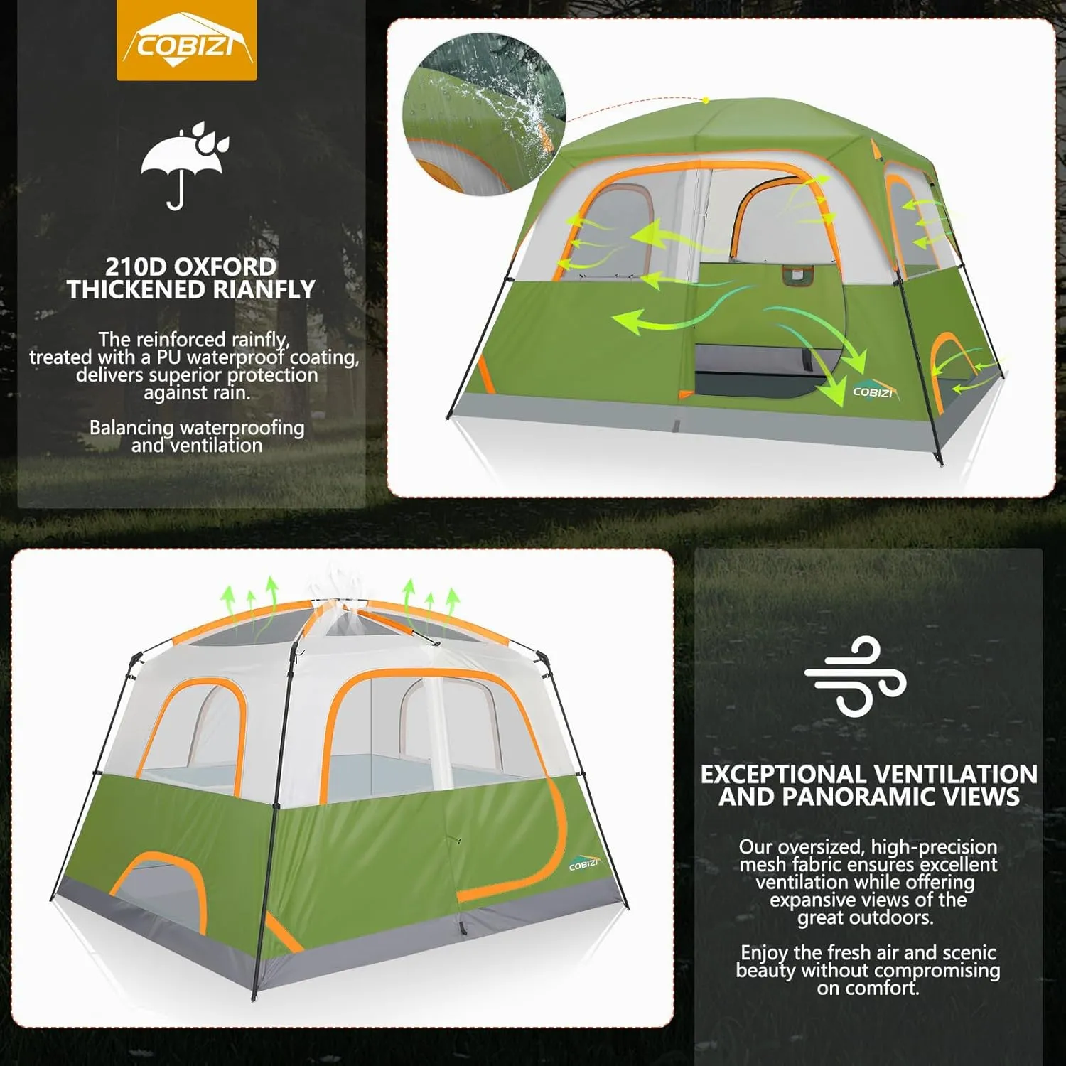 COBIZI 4/6 Person Tent for Camping Waterproof PU-Coated with Removable Rainfly, Easy Setup Family Tent with Large Mesh Windows, 3 Season Portable Dome Tent for Outdoor, Scouts, Hiking & Traveling