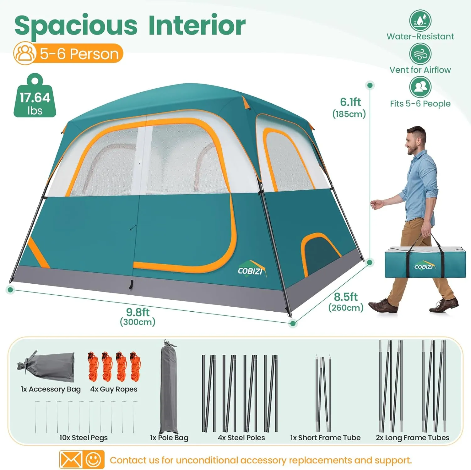 COBIZI Camping Tent, 4/6 Person Easy Setup Waterproof Windproof Backpacking Tent with Removable Rainfly, Lightweight Portable Outdoor Family Tents for Camping, Travel, Fishing, Hiking, Scouts