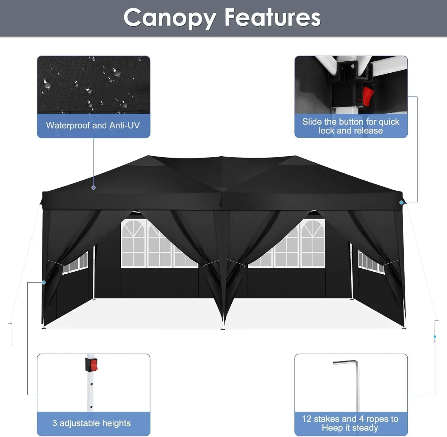COBIZI Canopy 10x20 Pop Up Canopy Tent with 6 Sidewalls Party Tents for Parties Weddings Backyard Waterproof Canopy Outdoor Commercial Canopy Event Tent with Stakes, Ropes, Black