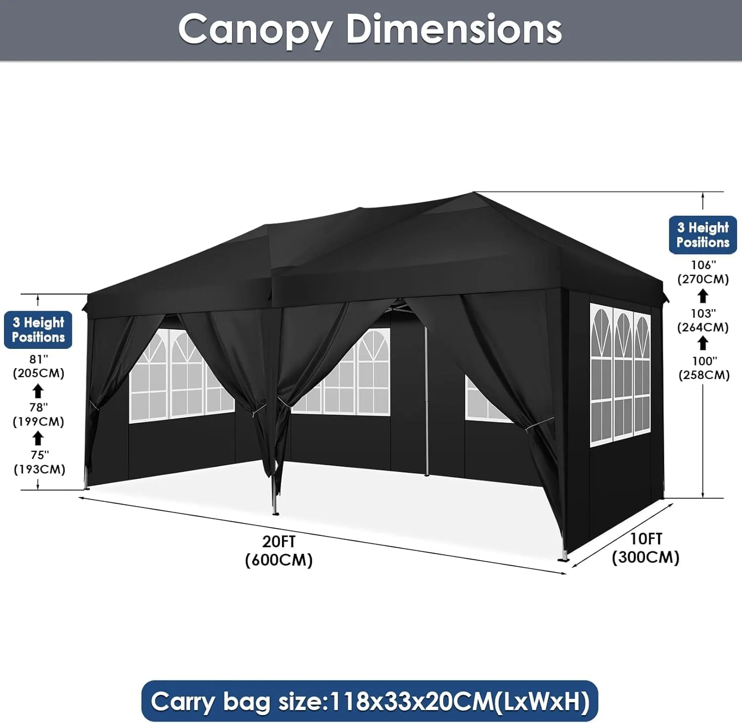 COBIZI Canopy 10x20 Pop Up Canopy Tent with 6 Sidewalls Party Tents for Parties Weddings Backyard Waterproof Canopy Outdoor Commercial Canopy Event Tent with Stakes, Ropes, Black