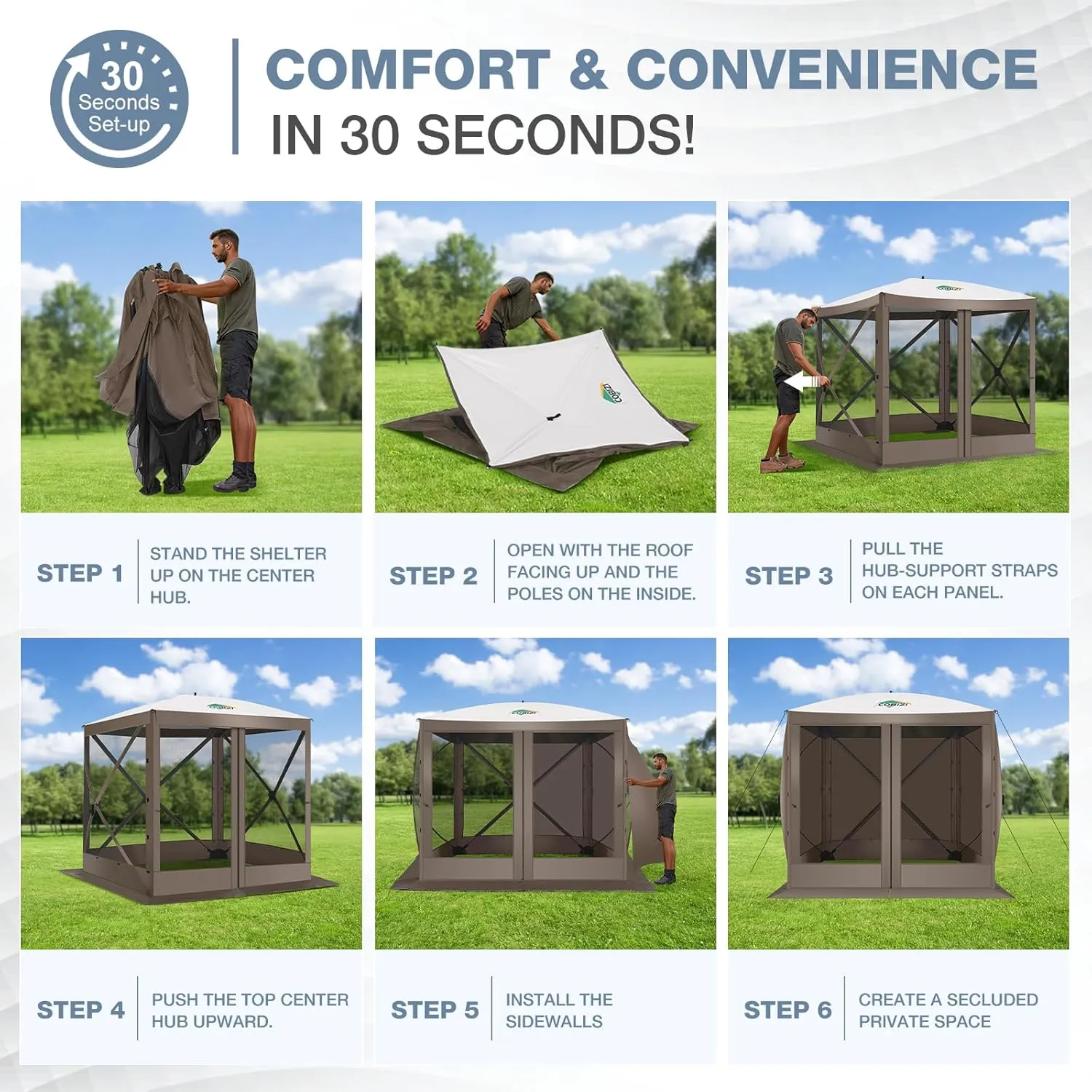COBIZI Pop Up Gazebo Screen Tent Screen House for Camping, 8FTx8FT Screen Room with Sidewalls and Mosquito Netting, Hub Tent Instant Screened Canopy with Carrying Bag and Ground Stakes, Brown