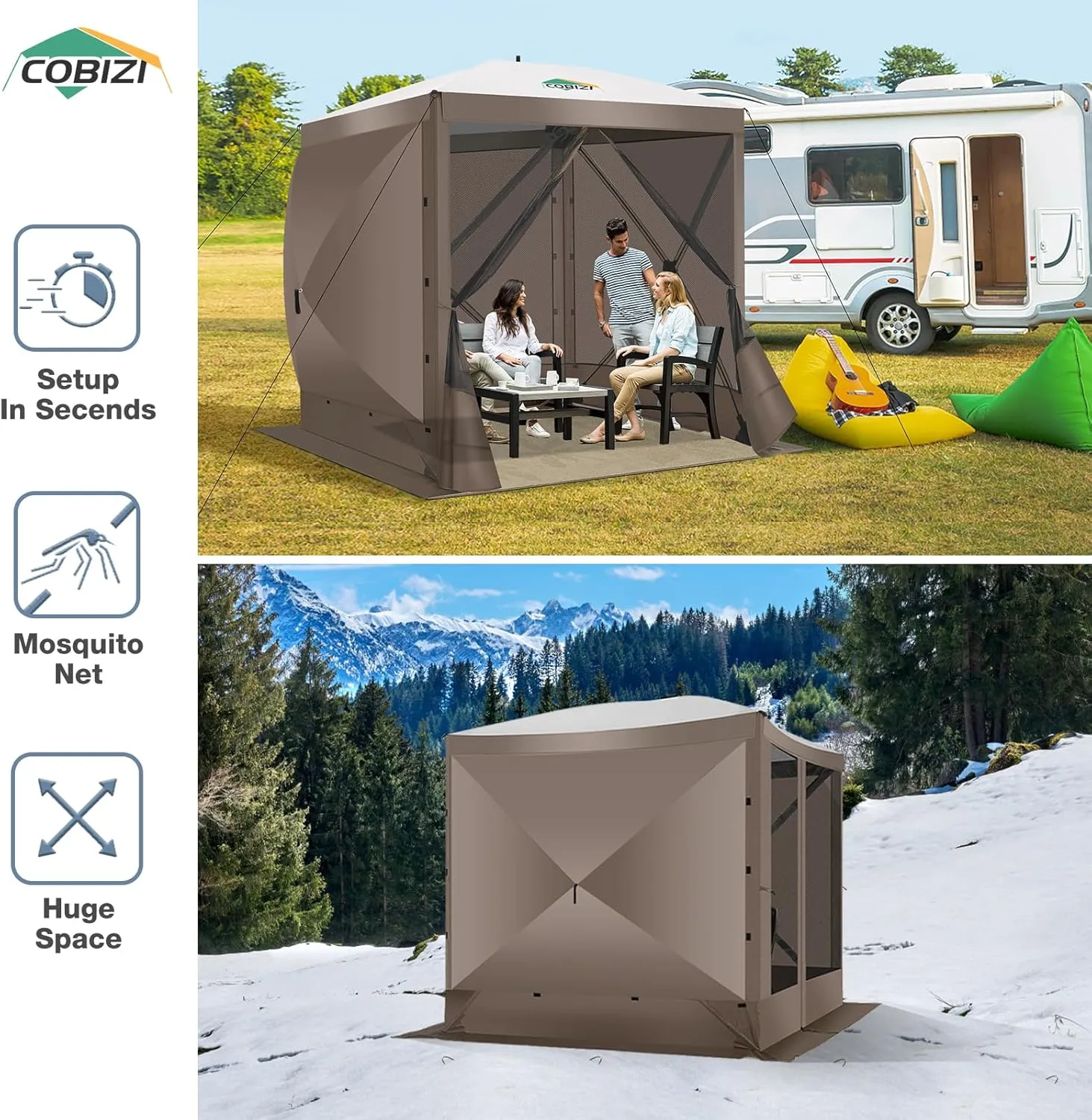 COBIZI Pop Up Gazebo Screen Tent Screen House for Camping, 8FTx8FT Screen Room with Sidewalls and Mosquito Netting, Hub Tent Instant Screened Canopy with Carrying Bag and Ground Stakes, Brown