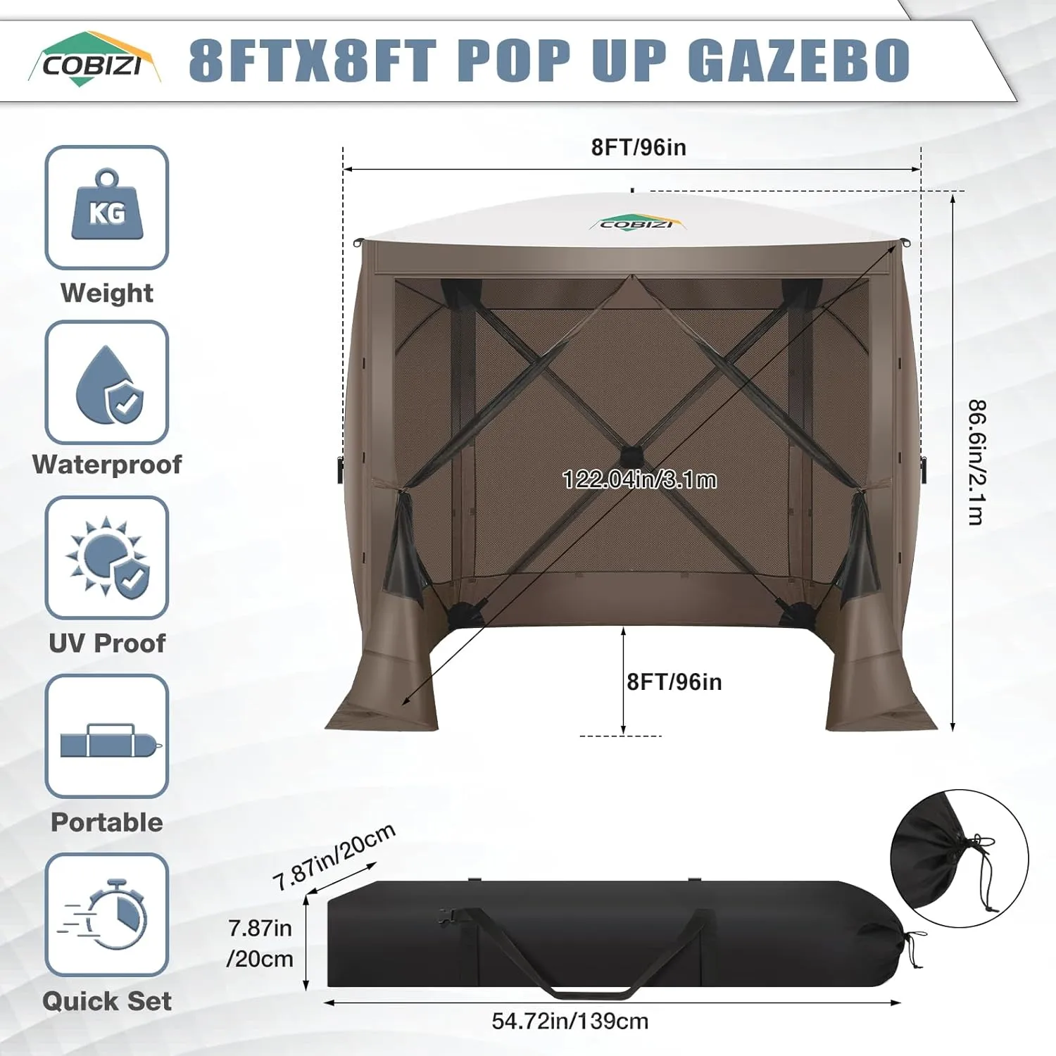 COBIZI Pop Up Gazebo Screen Tent Screen House for Camping, 8FTx8FT Screen Room with Sidewalls and Mosquito Netting, Hub Tent Instant Screened Canopy with Carrying Bag and Ground Stakes, Brown