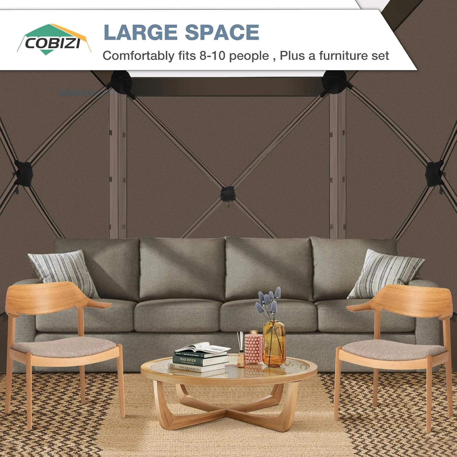 COBIZI Pop Up Gazebo Screen Tent Screen House for Camping, 8FTx8FT Screen Room with Sidewalls and Mosquito Netting, Hub Tent Instant Screened Canopy with Carrying Bag and Ground Stakes, Brown