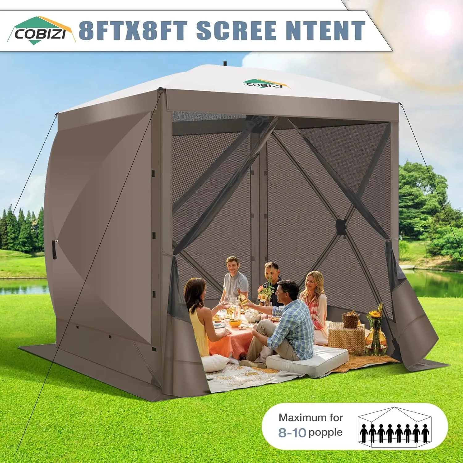 COBIZI Pop Up Gazebo Screen Tent Screen House for Camping, 8FTx8FT Screen Room with Sidewalls and Mosquito Netting, Hub Tent Instant Screened Canopy with Carrying Bag and Ground Stakes, Brown