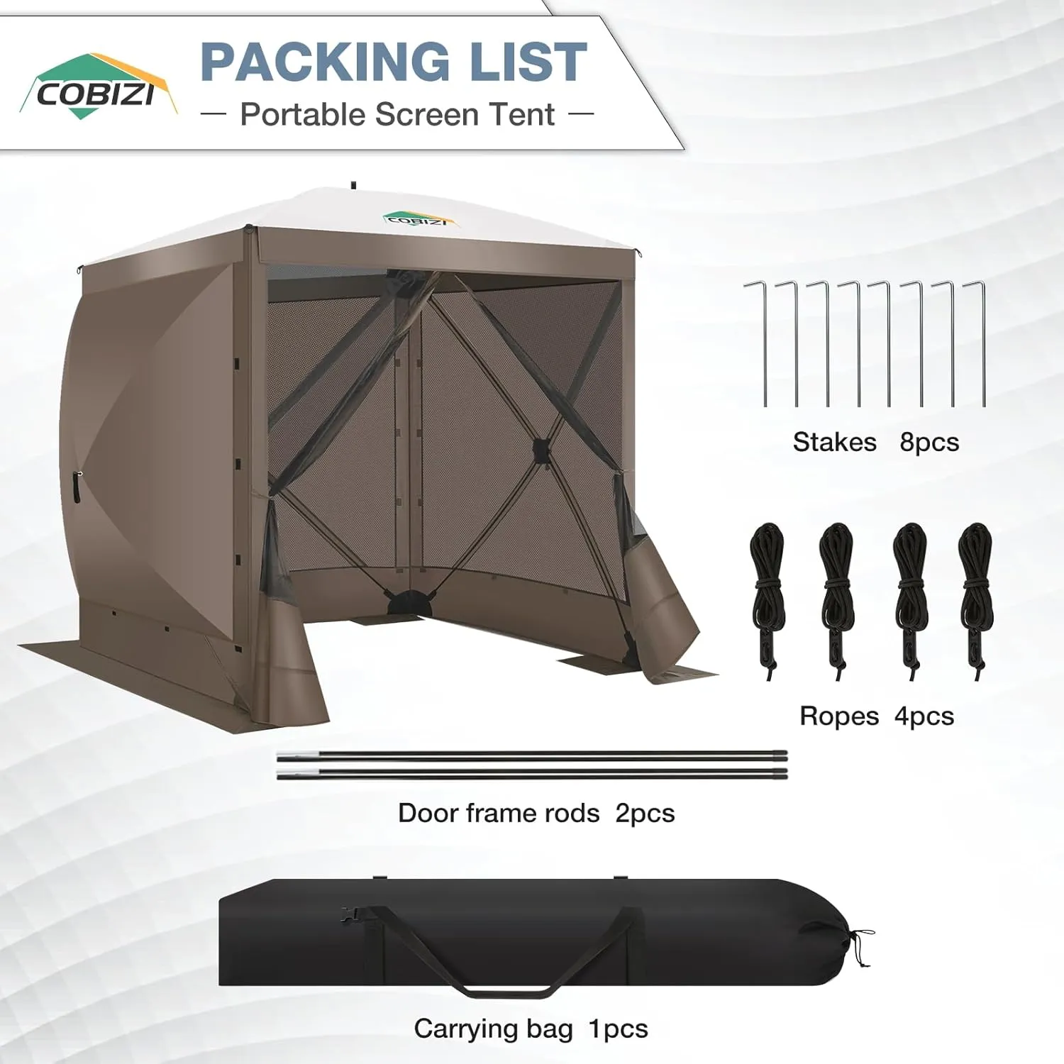 COBIZI Pop Up Gazebo Screen Tent Screen House for Camping, 8FTx8FT Screen Room with Sidewalls and Mosquito Netting, Hub Tent Instant Screened Canopy with Carrying Bag and Ground Stakes, Brown