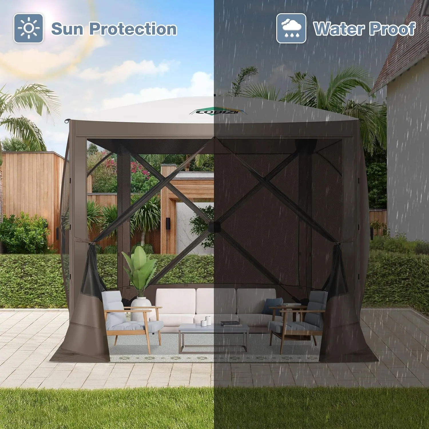 COBIZI Pop Up Gazebo Screen Tent Screen House for Camping, 8FTx8FT Screen Room with Sidewalls and Mosquito Netting, Hub Tent Instant Screened Canopy with Carrying Bag and Ground Stakes, Brown