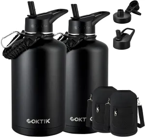 COKTIK 84oz Water Bottle with Straw - Triple Insulated Flask, 48hr Cold Retention Large Water Bottle, Leakproof Water Jug for Gym, Hiking, Camping, Outdoor Sports (2 pack,Black)