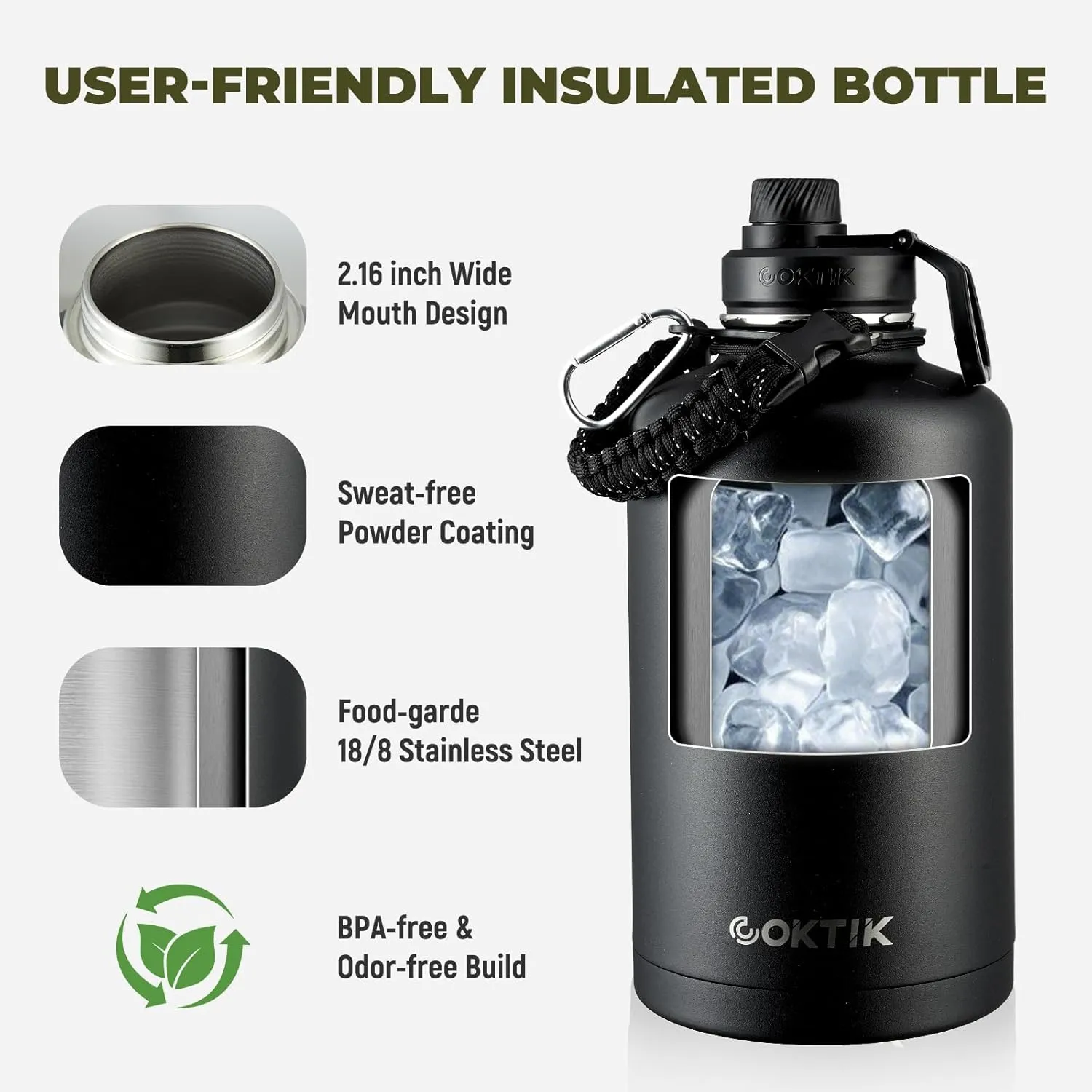 COKTIK 84oz Water Bottle with Straw - Triple Insulated Flask, 48hr Cold Retention Large Water Bottle, Leakproof Water Jug for Gym, Hiking, Camping, Outdoor Sports (2 pack,Black)