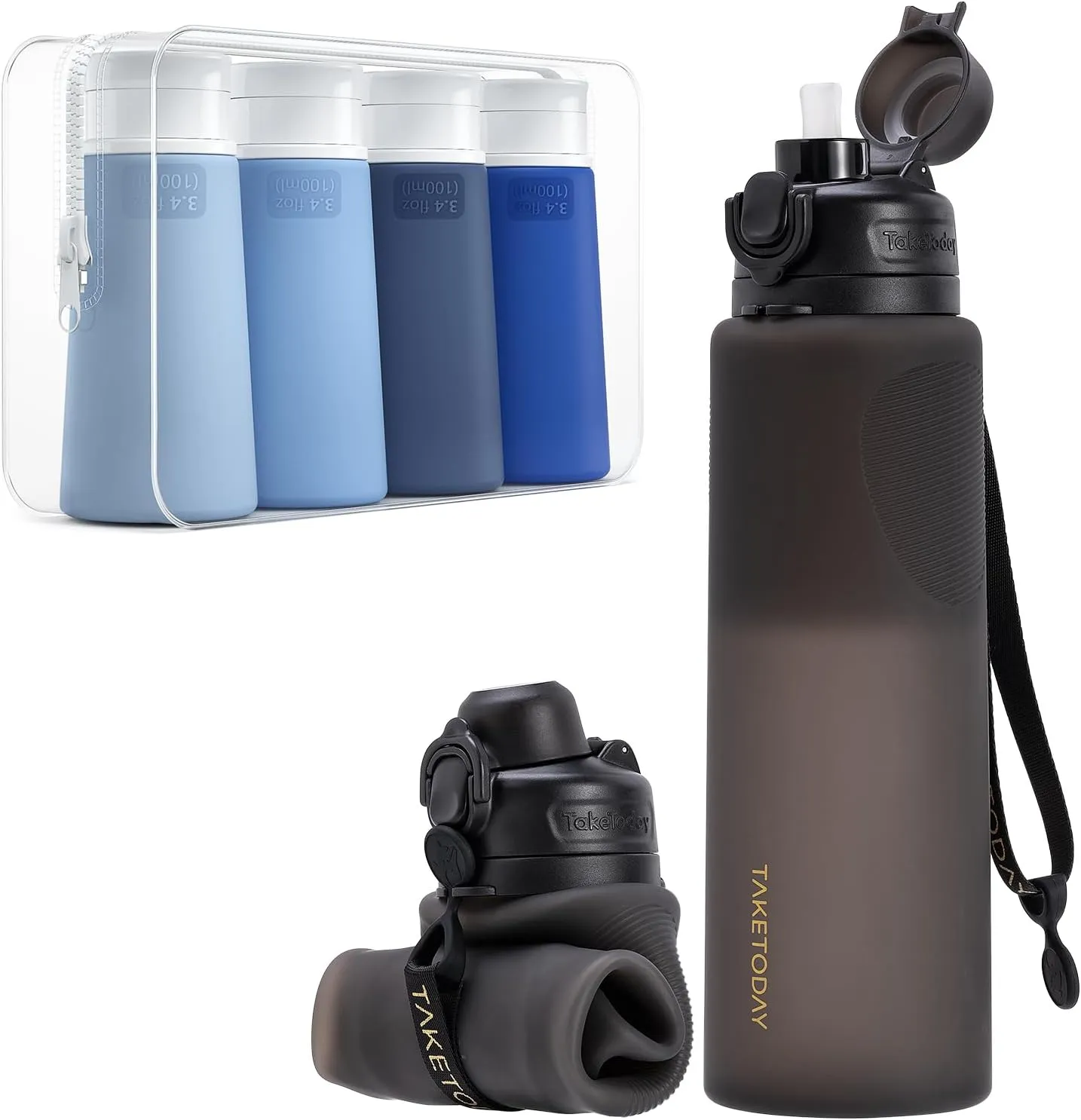 Collapsible 32oz Silicone Water Bottle, Foldable Travel Bottle with Straw, BPA Free, Leakproof for Hiking, International Travel, Outdoors (Black)