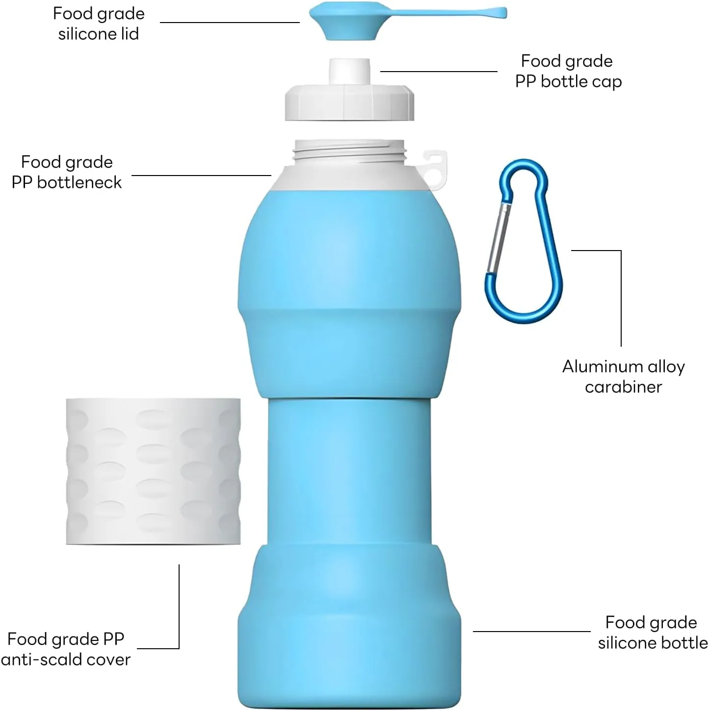Collapsible Lightweight 20oz Water Bottle, Food-Grade Silicone BPA Free, Foldable Portable Leak Proof Office Travel Cycling Sports Outdoor Water Bottle with Vertical Hook (blue, Short nozzle)