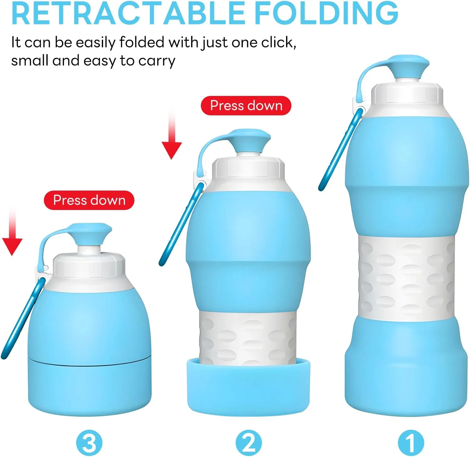 Collapsible Lightweight 20oz Water Bottle, Food-Grade Silicone BPA Free, Foldable Portable Leak Proof Office Travel Cycling Sports Outdoor Water Bottle with Vertical Hook (blue, Short nozzle)