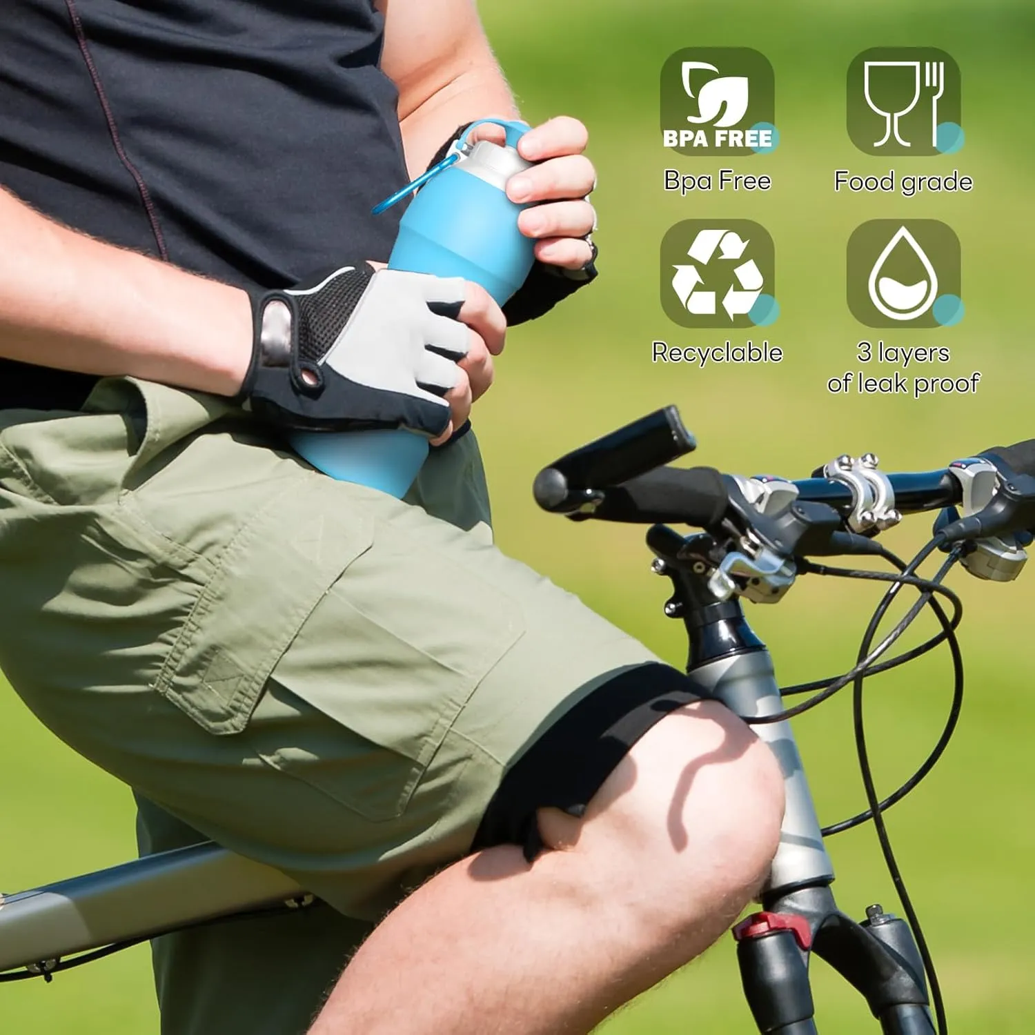 Collapsible Lightweight 20oz Water Bottle, Food-Grade Silicone BPA Free, Foldable Portable Leak Proof Office Travel Cycling Sports Outdoor Water Bottle with Vertical Hook (blue, Short nozzle)