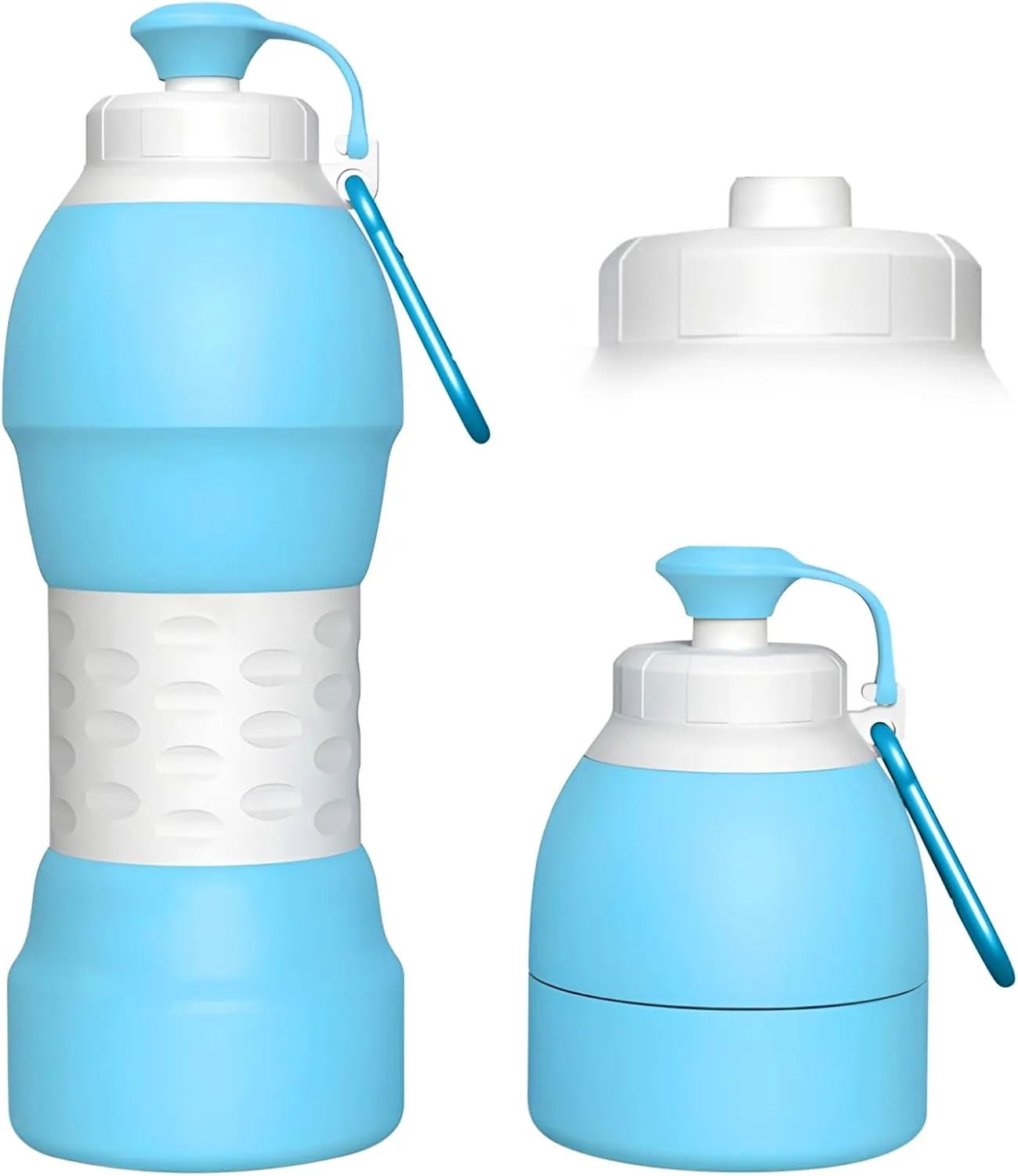 Collapsible Lightweight 20oz Water Bottle, Food-Grade Silicone BPA Free, Foldable Portable Leak Proof Office Travel Cycling Sports Outdoor Water Bottle with Vertical Hook (blue, Short nozzle)