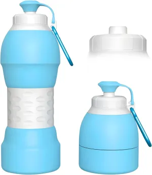 Collapsible Lightweight 20oz Water Bottle, Food-Grade Silicone BPA Free, Foldable Portable Leak Proof Office Travel Cycling Sports Outdoor Water Bottle with Vertical Hook (blue, Short nozzle)