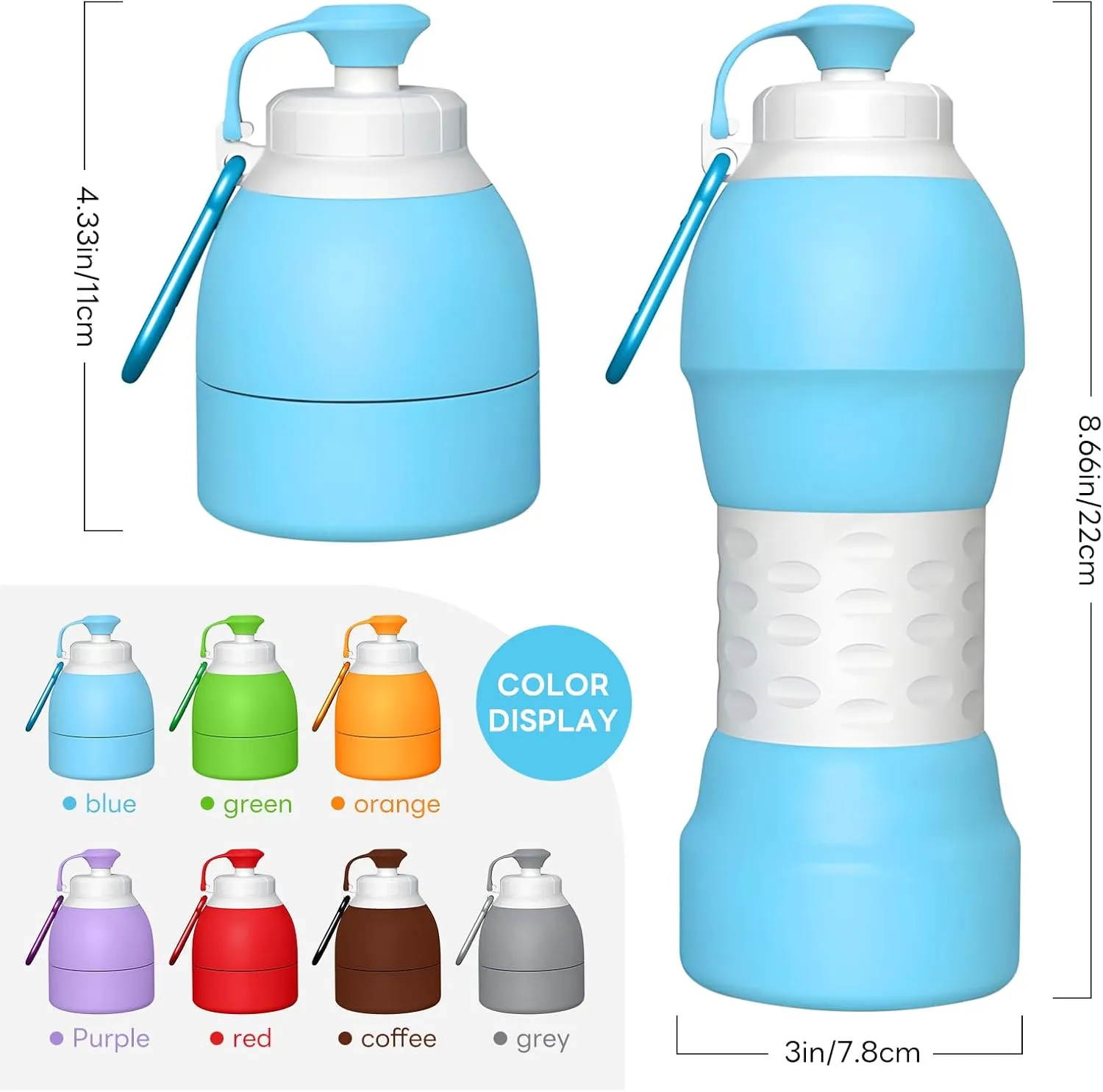 Collapsible Lightweight 20oz Water Bottle, Food-Grade Silicone BPA Free, Foldable Portable Leak Proof Office Travel Cycling Sports Outdoor Water Bottle with Vertical Hook (blue, Short nozzle)