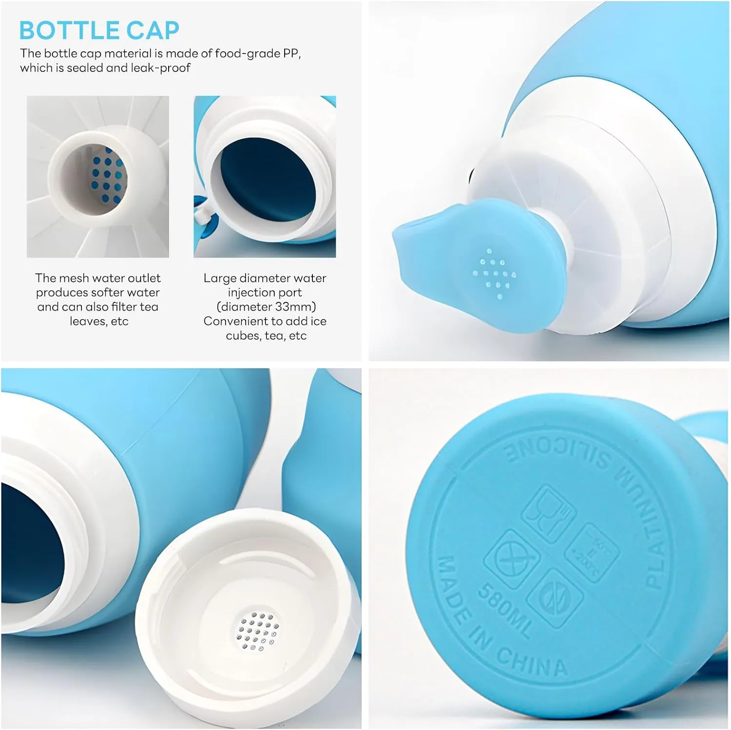Collapsible Lightweight 20oz Water Bottle, Food-Grade Silicone BPA Free, Foldable Portable Leak Proof Office Travel Cycling Sports Outdoor Water Bottle with Vertical Hook (blue, Short nozzle)