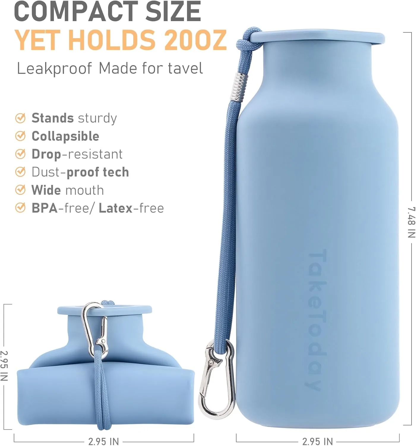 Collapsible Water Bottles 20 oz, Leak Proof, BPA Free Foldable Silicone Travel Water Bottle Cups for Taveling, Outdoors, On the go, Warm Blue