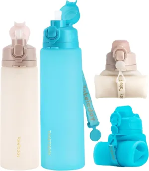 Collapsible Water Bottles 20oz and 32oz, Leak Proof, BPA-Free, Foldable Silicone Travel Water Bottle with Straw Strap for Cycling, Hiking, Outdoors