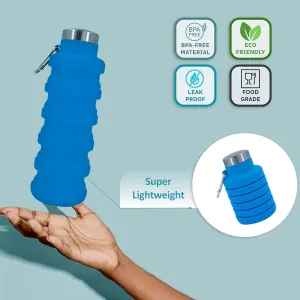 Collapsible Water Bottles 24oz, Odorless BPA-Free Silicone, Leak-Proof Foldable Reusable Bottle - Perfect for Travel Sports Gym Hiking Camping Cycling - Light Blue