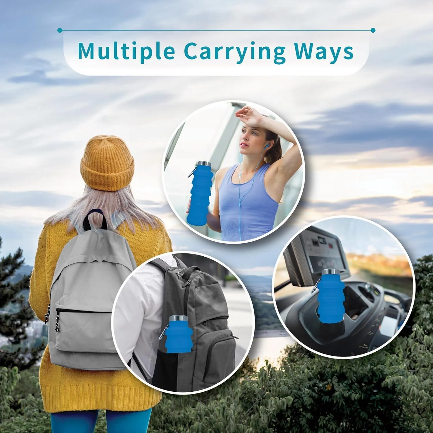 Collapsible Water Bottles 24oz, Odorless BPA-Free Silicone, Leak-Proof Foldable Reusable Bottle - Perfect for Travel Sports Gym Hiking Camping Cycling - Light Blue