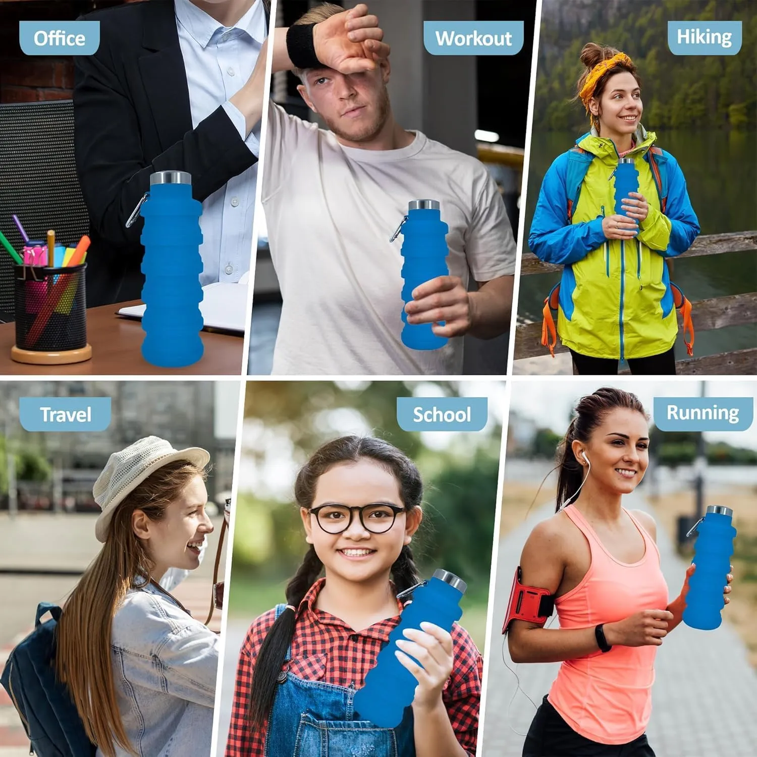 Collapsible Water Bottles 24oz, Odorless BPA-Free Silicone, Leak-Proof Foldable Reusable Bottle - Perfect for Travel Sports Gym Hiking Camping Cycling - Light Blue