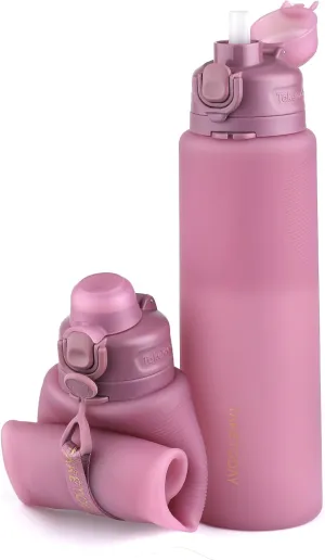 Collapsible Water Bottles 32oz, Foldable Travel Water Bottle with Straw, BPA Free, Silicone Water Bottle Leakproof for Hiking, International Travel, Outdoors (Purple)
