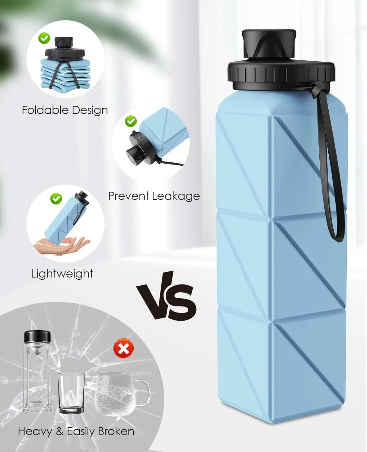 Collapsible Water Bottles, 4 Pack BPA-Free Leak-Proof Silicone Foldable Water Bottle Cup, Durable Lightweight Bottle for Gym Travel Camping Hiking Running Sport