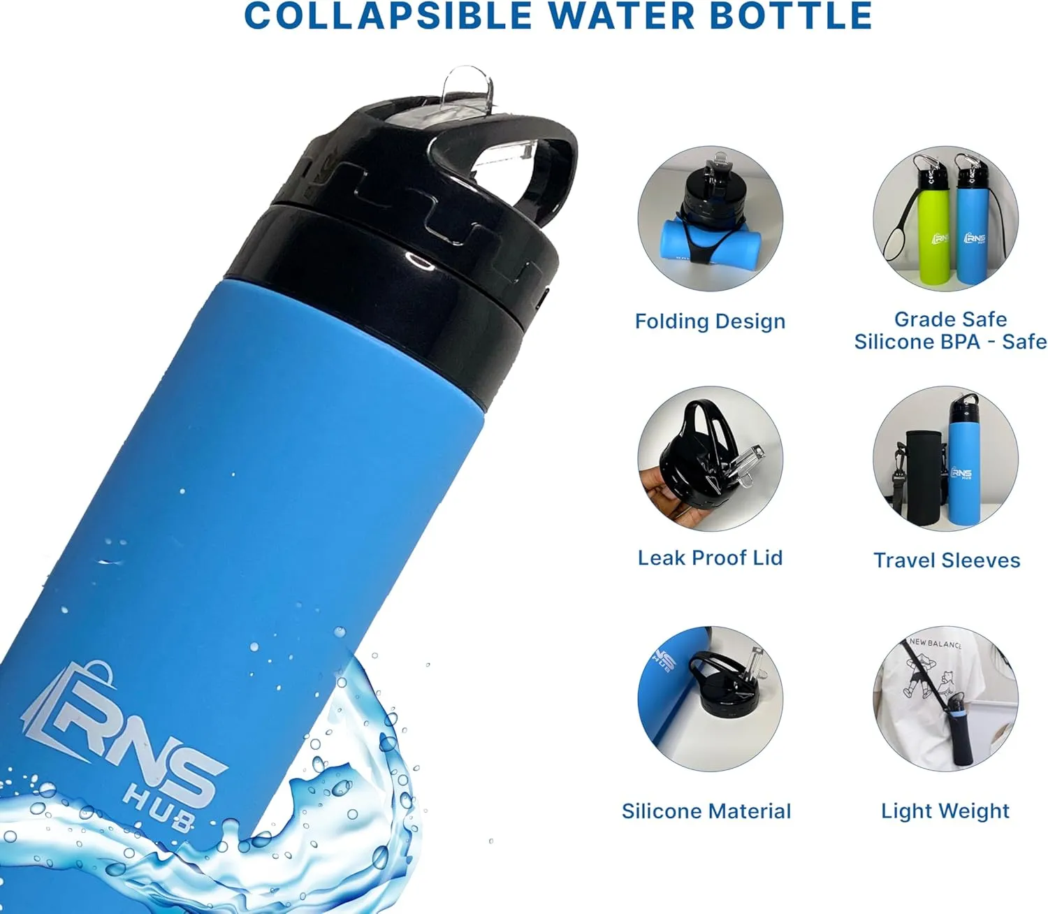 Collapsible Water Bottles Set- 600ml Silicone BPA-Free Leak-Proof Lid Travel Bottles with Sleeves - Reusable Lightweight Foldable Bottle for Travel Hiking Gym Beach Essentials (Blue)
