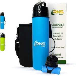 Collapsible Water Bottles Set- 600ml Silicone BPA-Free Leak-Proof Lid Travel Bottles with Sleeves - Reusable Lightweight Foldable Bottle for Travel Hiking Gym Beach Essentials (Blue)
