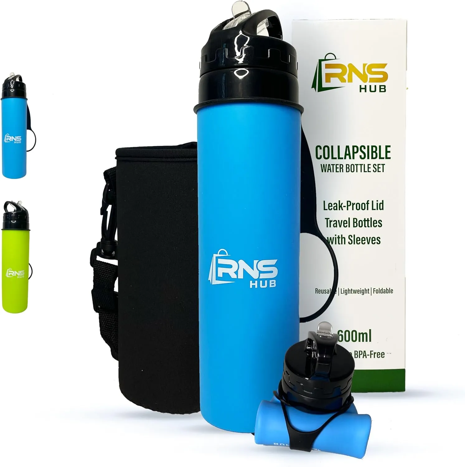 Collapsible Water Bottles Set- 600ml Silicone BPA-Free Leak-Proof Lid Travel Bottles with Sleeves - Reusable Lightweight Foldable Bottle for Travel Hiking Gym Beach Essentials (Blue)