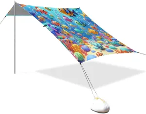 Colorful Sea Fishes Beach Tent Sun Shelter Set, UPF50  UV Protection 10.5 x 9.19 FT Camping Shade Canopy with Sandbags, Sand Anchors, Carrying Bag, and Others