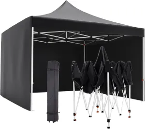 Commercial Canopy Tent 10*10ft,Instant Gazebo Tent, Outdoor Portable Shelter With 3 Sidewalls, Windows, Wheeled Bag,Stakes and Ropes,Pop Up Canopy Tent for Outdoor/Parties and Events-black