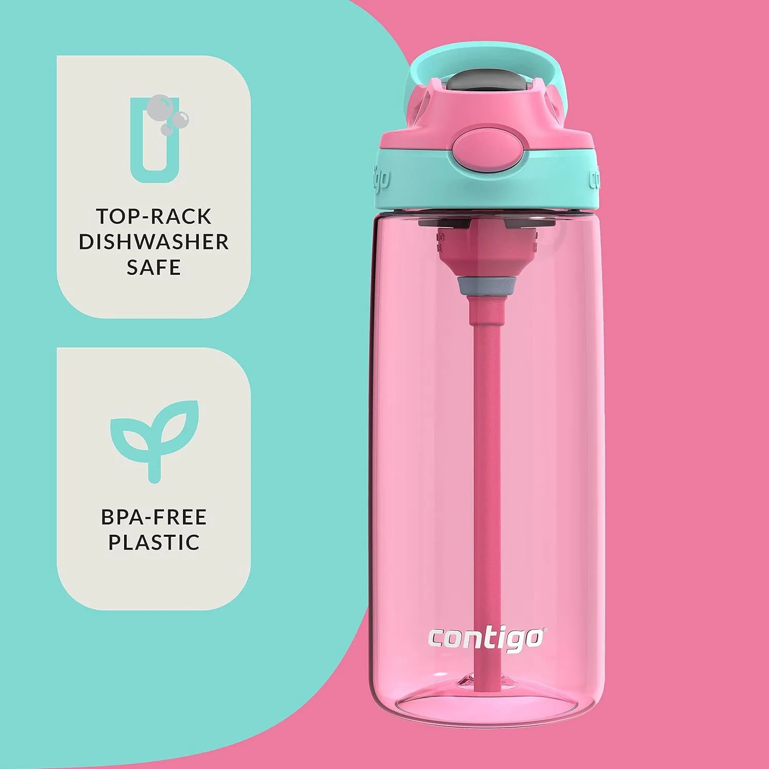 Contigo Aubrey Kids BPA-Free Water Bottle with Silicone Straw, Spill-Proof Lid, Dishwasher Safe, 20oz 2-Pack, Suitable for 3  Years, Azalea/Jade & Blue Raspberry/Azalea