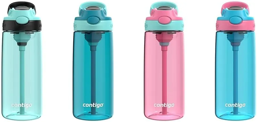 Contigo Aubrey Kids Cleanable 20oz Water Bottle 2-Pack with Silicone Straw, Spill-Proof Lid, Jade/Licorice & Juniper/Jade and Azalea/Jade & Blue Raspberry/Azalea