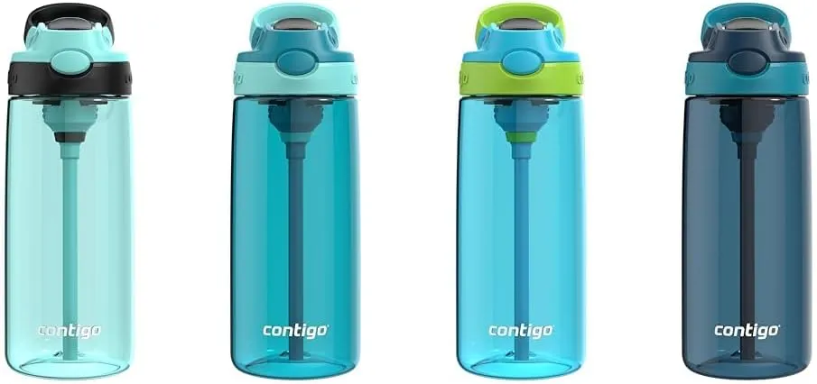 Contigo Aubrey Kids Cleanable 20oz Water Bottle 2-Pack with Silicone Straw, Spill-Proof Lid, Jade/Licorice & Juniper/Jade and Blue Raspberry/Cool Lime & Blueberry/Juniper