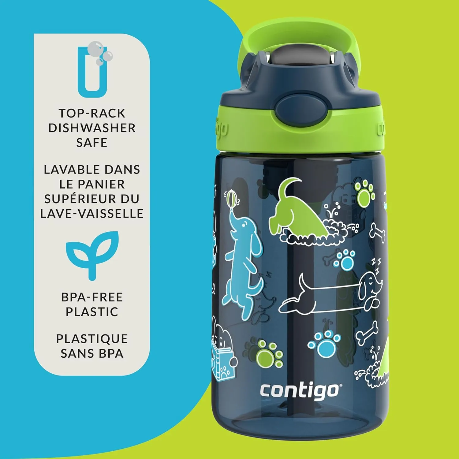 Contigo Aubrey Leak-Proof Spill-Proof Water Bottle, Lime with Dogs, 14 oz