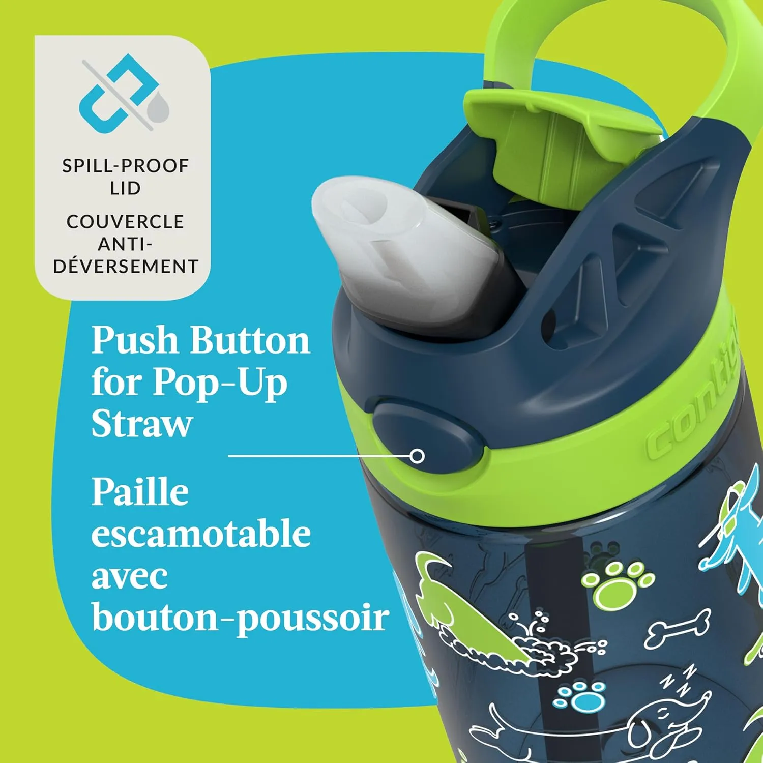 Contigo Aubrey Leak-Proof Spill-Proof Water Bottle, Lime with Dogs, 14 oz