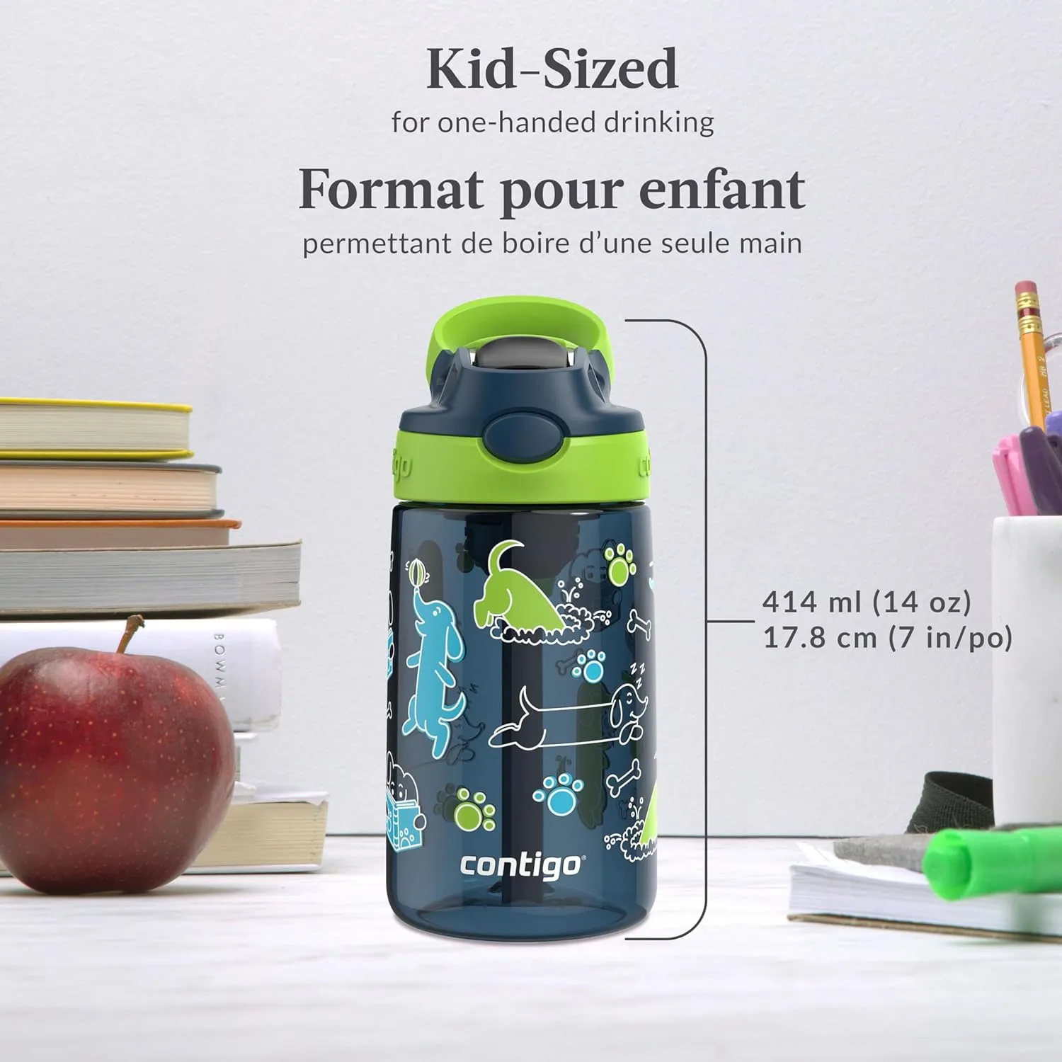 Contigo Aubrey Leak-Proof Spill-Proof Water Bottle, Lime with Dogs, 14 oz