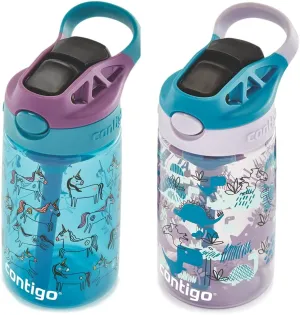 Contigo Kids Water Bottle with Autospout Straw – Spill Proof, Easy-Clean Lid Design, 14 oz., Unicorns & Dinos, 2 - pack