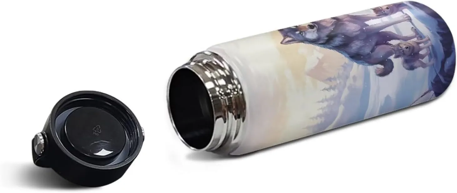 Cool Wolf Insulated Water Bottle With Lid and Handle Stainless Steel Water Bottles 18 Oz Wide Mouth Travel Mug Metal Vacuum Flask Jug for School,Sports Reusable Tumbler Purple