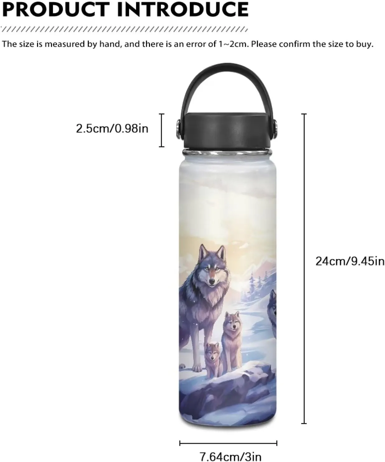 Cool Wolf Insulated Water Bottle With Lid and Handle Stainless Steel Water Bottles 18 Oz Wide Mouth Travel Mug Metal Vacuum Flask Jug for School,Sports Reusable Tumbler Purple
