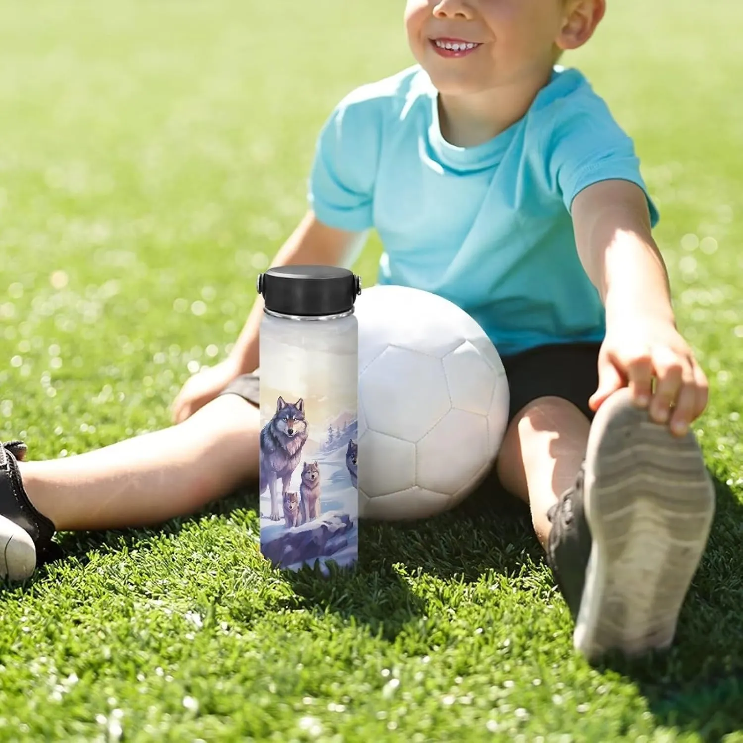 Cool Wolf Insulated Water Bottle With Lid and Handle Stainless Steel Water Bottles 18 Oz Wide Mouth Travel Mug Metal Vacuum Flask Jug for School,Sports Reusable Tumbler Purple