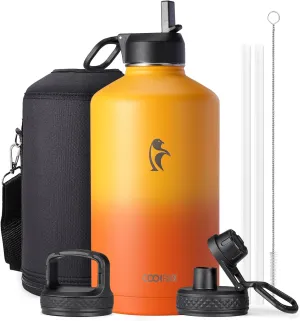 Coolflask 128 oz Gallon Water Bottle Insulated with Straw&3 Lids, Water Jug Large Stainless Steel Metal Vacuum Wide Mouth for Sports, Gym or Office, Non-BPA Keep Cold 48H Hot 24H, Ombre Yellow/Orange